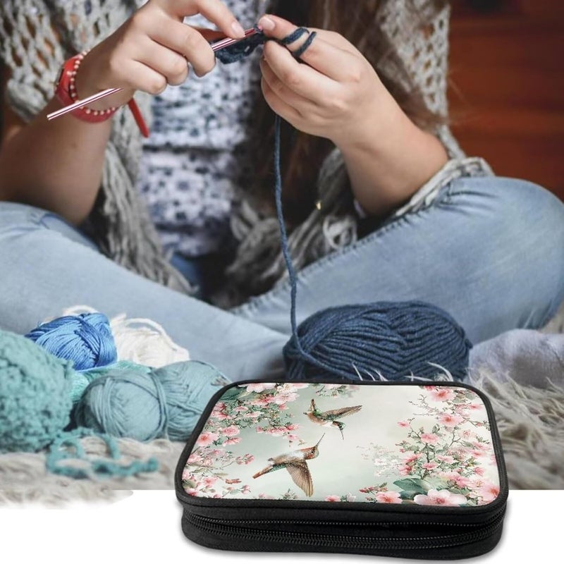 Hechitok Hummingbird Flower Crochet Hook Case, Zipper Storage Organizer Bag with Web Pockets for Crochet Needles/Knitting Accessories/Crochet Hook Kit Tools Easy to Hold - Image 2
